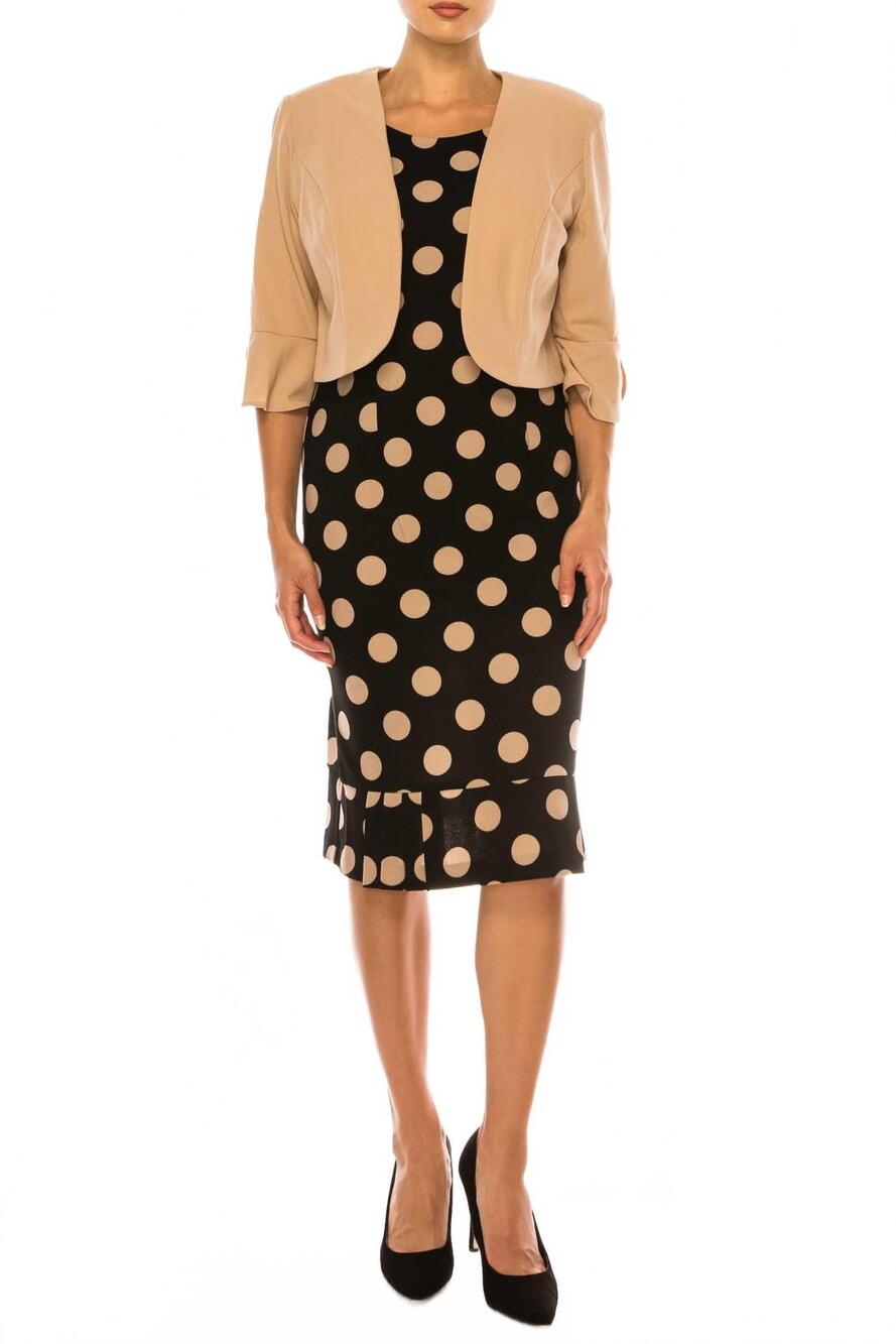 NEW MAYA BROOKE polka dot pleated hem jacket dress in taupe black